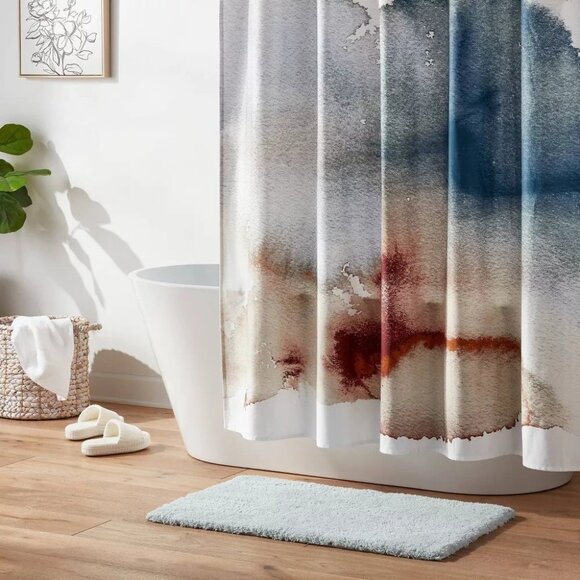 Threshold Watercolor Blue & Red Print 100% Cotton Sateen Shower Curtain 72 x 72 - Picture 2 of 8